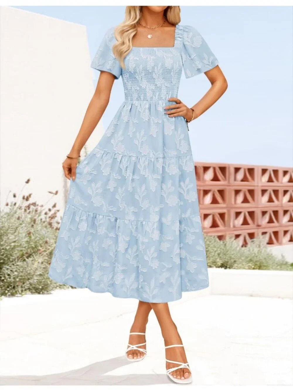 Women‘s Summer Boho Floral Midi Dress Blue Short Sleeve Square Neck Flowy Beach